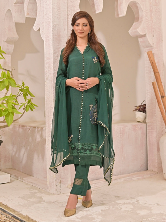 Ruby's Couture Panache Raw Silk Embroidered Stitched 3-Piece Suit-Mishka