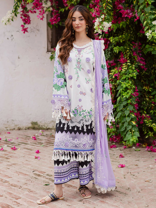 Three-piece unstitched dress set featuring a printed and embroidered shirt with 3D motif and embroidered border – embroidered chiffon dupatta – 2.65 yards – printed trouser – 2.65 yards