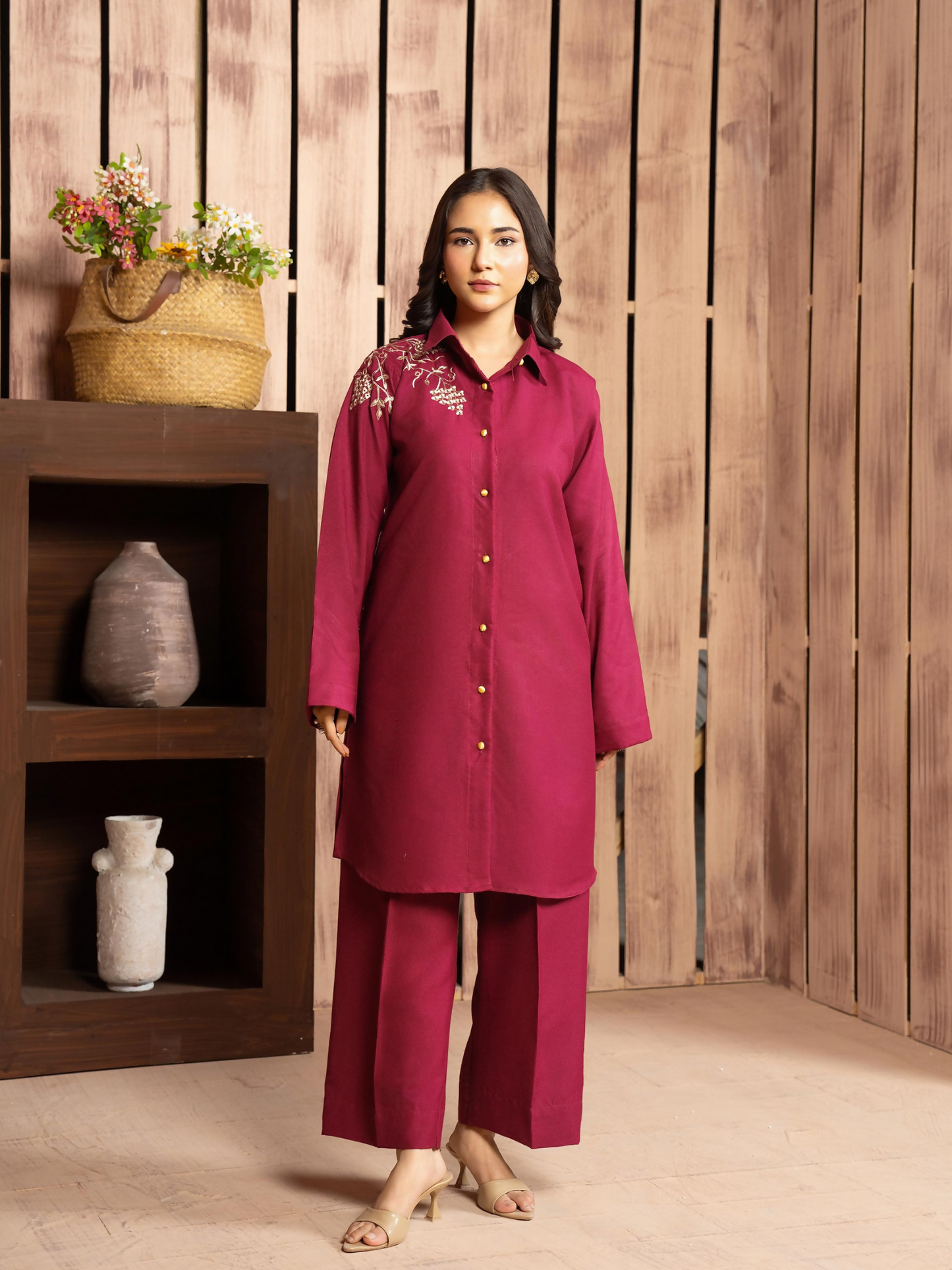 Panache Apparel Winter Core Linen Embroidered Co-Ord Set-Shine