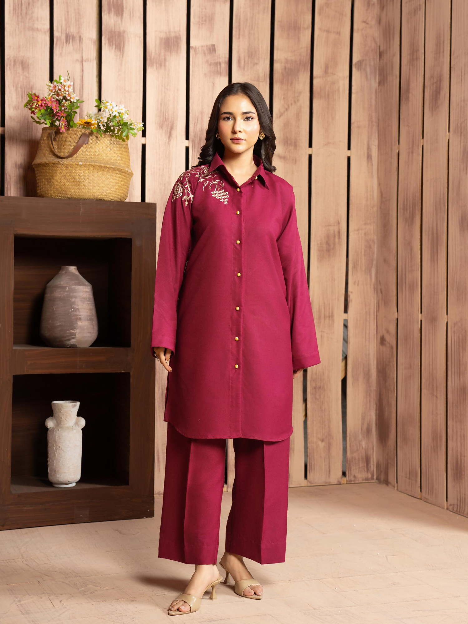 Panache Apparel Winter Core Linen Embroidered Co-Ord Set-Shine