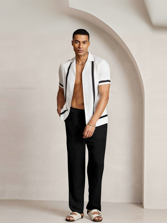Unisex coord set made from French pique fabric with black contrast lining, stretchable material, drawstring waist, and soft hand feel – includes shirt and trousers,