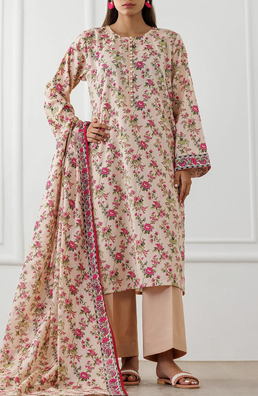 Peach-Orient Lawn Printed Unstitched 3-Piece Suit-OTL-25-319