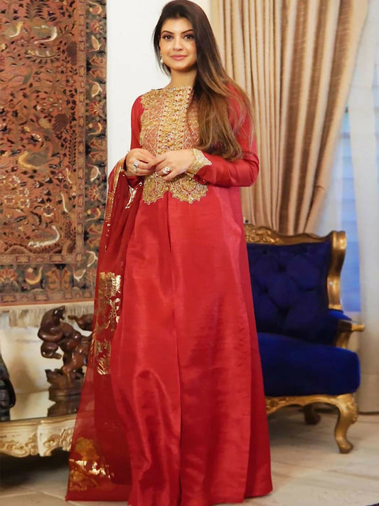 Shiza Hassan Nadia Luxury Pret Korean Raw Silk Embroidered Stitched 2-Piece Suit-Rose