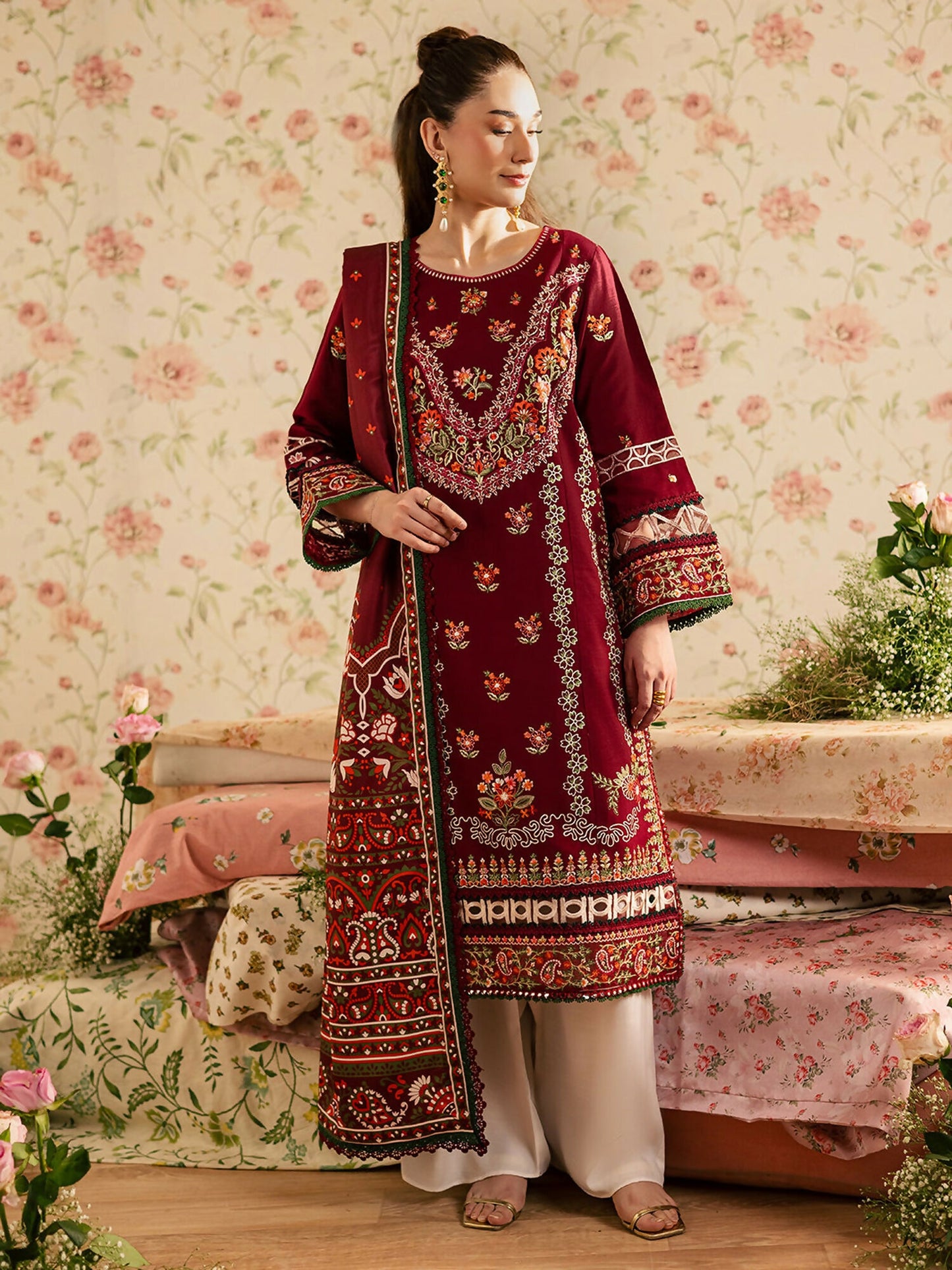 Mahnur Kaia Slub Linen Embroidered Stitched 3-Piece Suit-K- 12