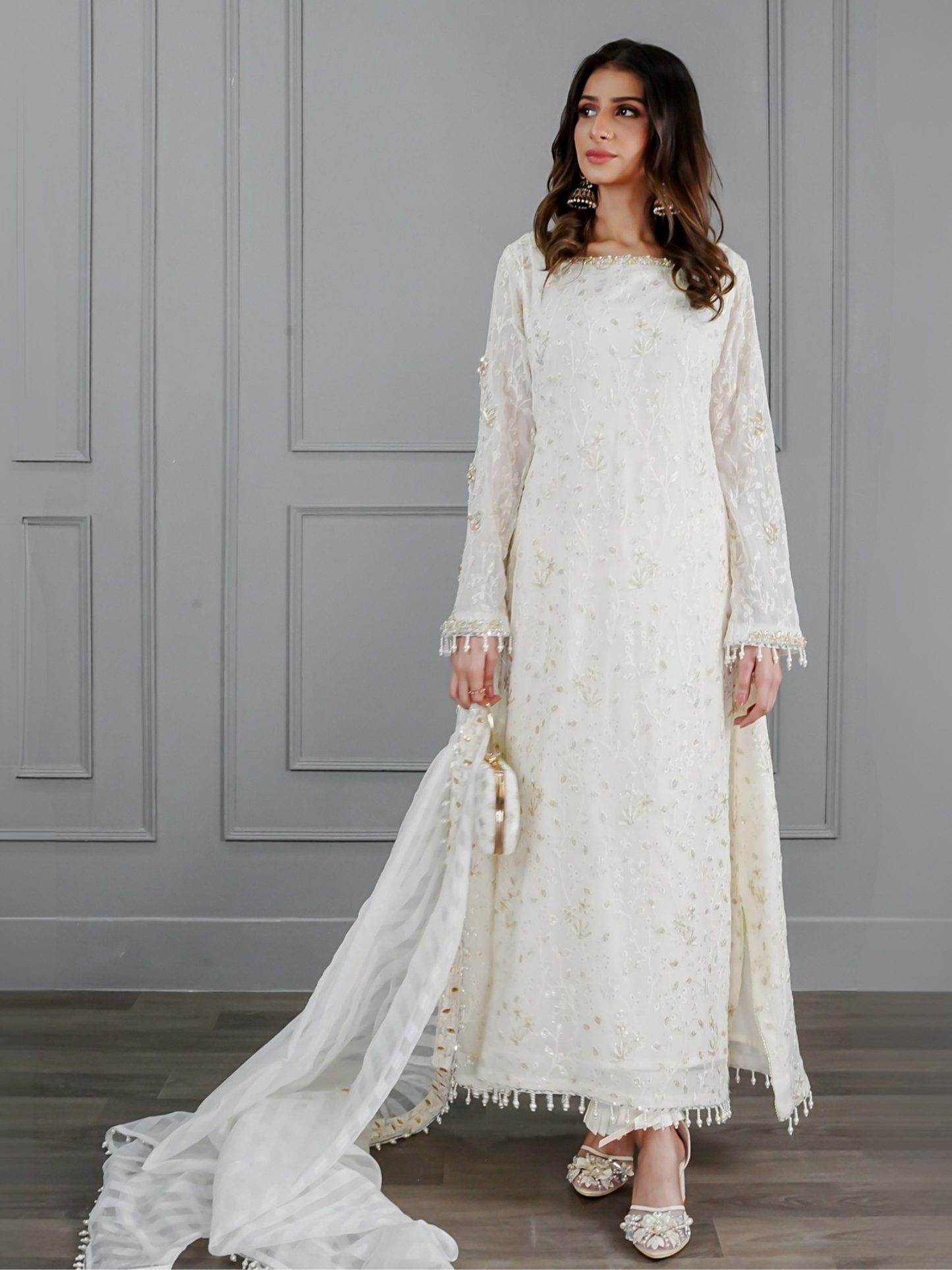 Ivory Manahil Arts Chiffon Embroidered Stitched 3-Piece Suit-Pure Ivory Dreams