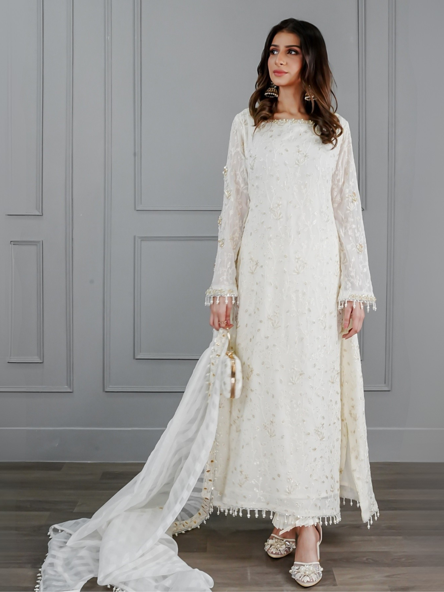Ivory Manahil Arts Chiffon Embroidered Stitched 3-Piece Suit-Pure Ivory Dreams