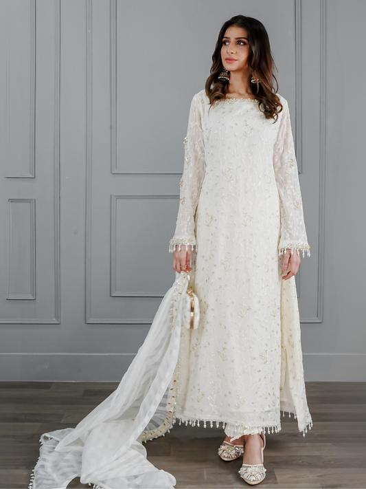 Ivory Manahil Arts Chiffon Embroidered Stitched 3-Piece Suit-Pure Ivory Dreams