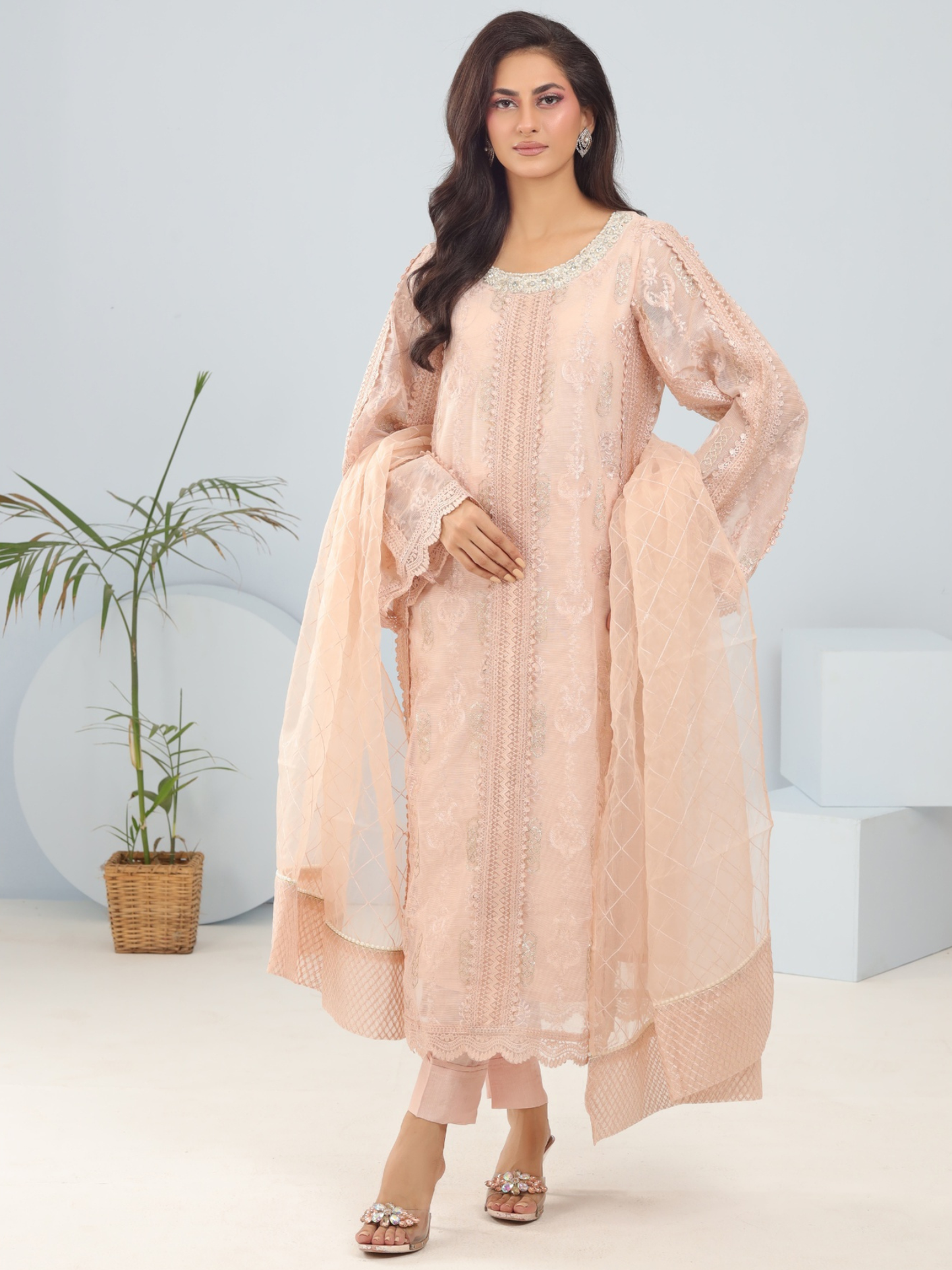 Pink Manahil Arts Khaddi Net Embroidered Stitched 3-Piece Suit-Coral Bliss