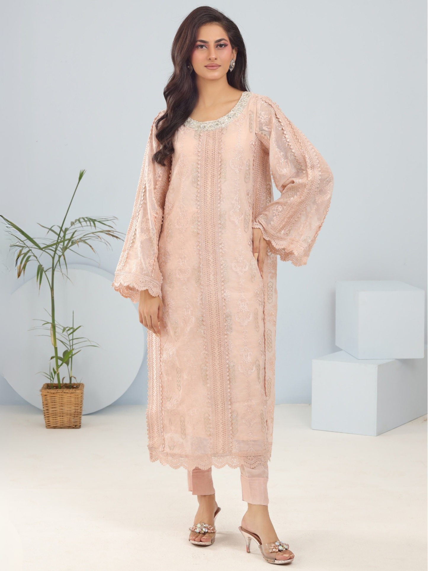 Pink Manahil Arts Khaddi Net Embroidered Stitched 3-Piece Suit-Coral Bliss