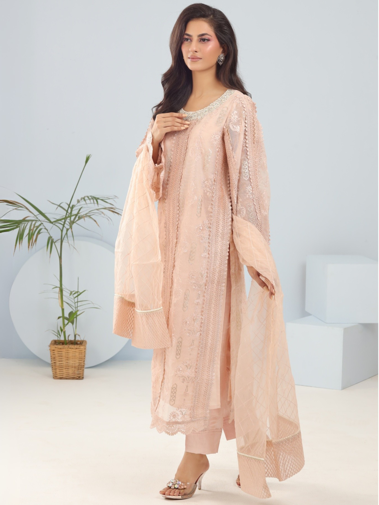 Pink Manahil Arts Khaddi Net Embroidered Stitched 3-Piece Suit-Coral Bliss
