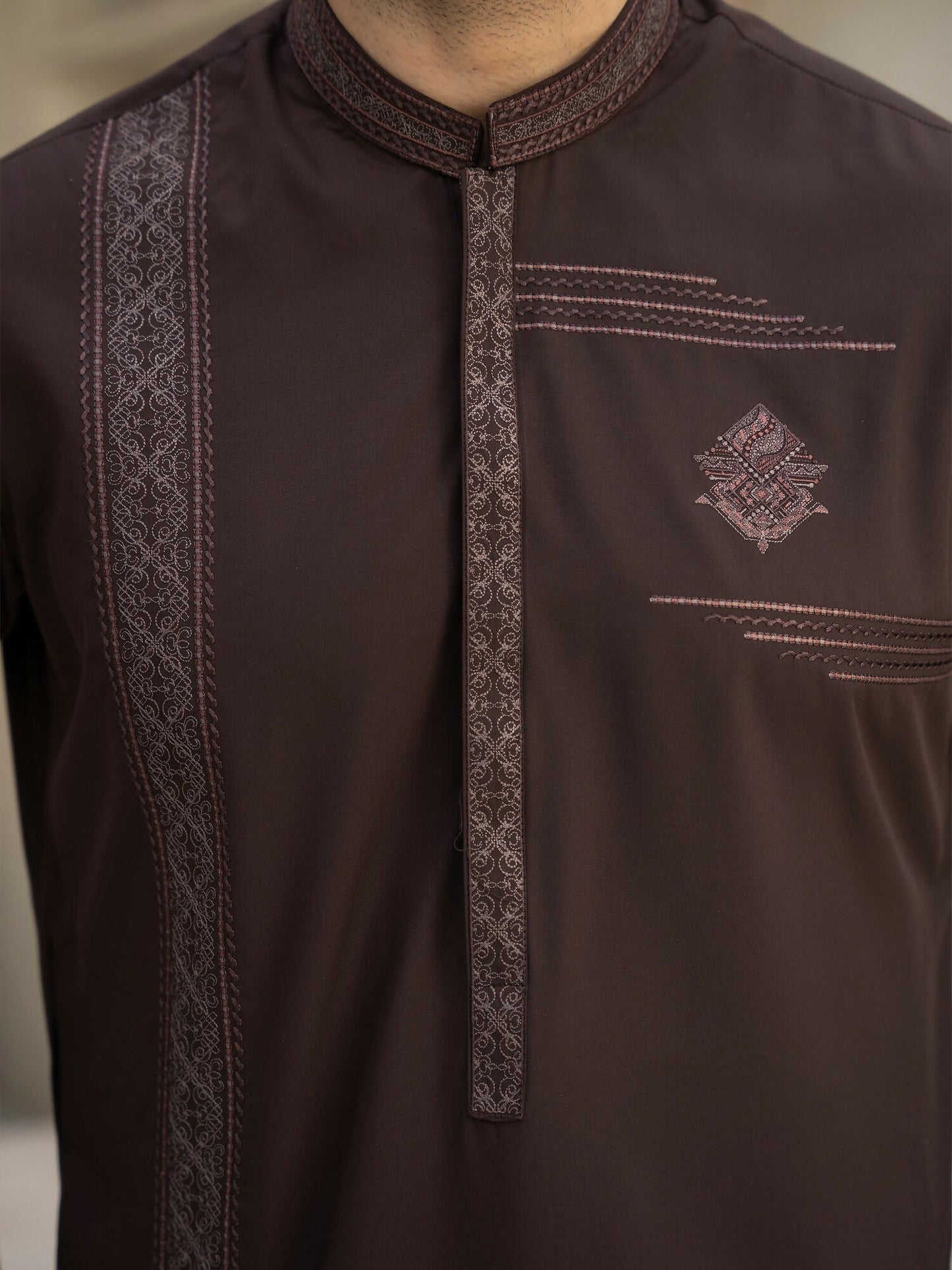 Fabrich Men Wash & Wear Embroidered Unstitched Shalwar Kameez-Brown