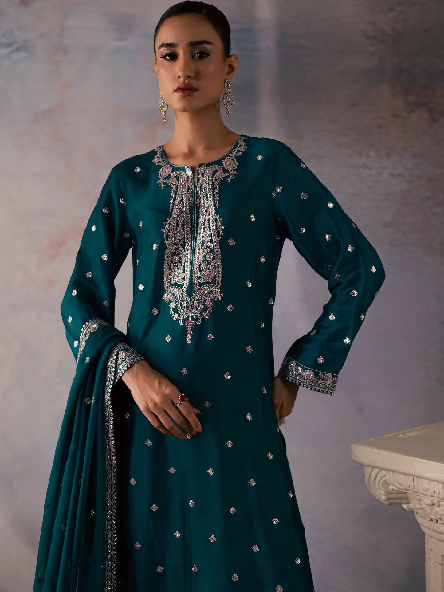 Allure By IH Be-My-Guest Thai Silk Embroidered Stitched 3-Piece Suit-Pine
