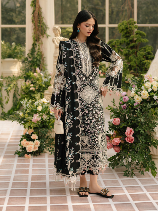 Elegant embroidered lawn suit in soft tones featuring borer-embroidered center panel, organza motifs and lace, embroidered fancy cotton dupatta, and a dyed cotton trouser.