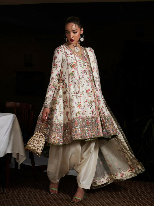 Hussain Rehar Ivorish Pearl 3-piece raw silk digital printed angrakha with hand embellishments, ivory raw silk shalwar, and embroidered organza dupatta