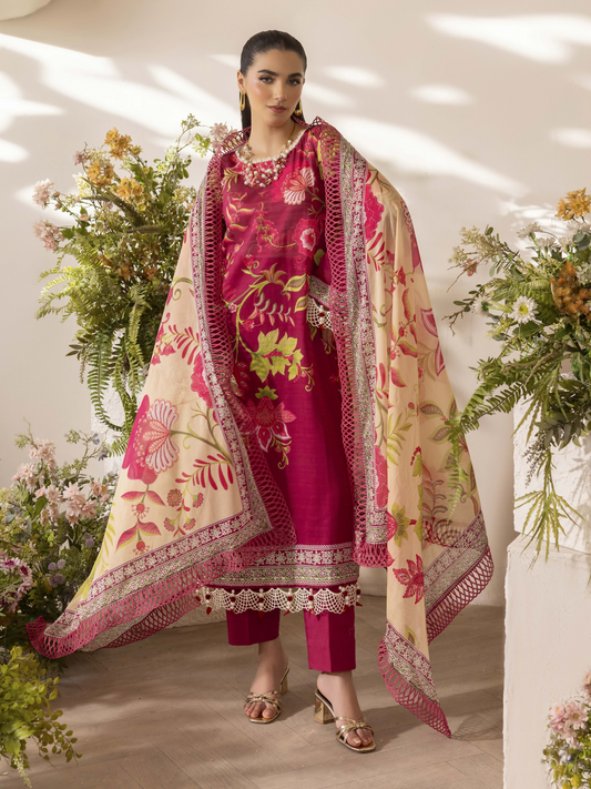 Girl standing wearing an unstitched 3-piece suit with premium digital printed slub lawn shirt, digital printed pure voile dupatta, and dyed cotton trouser, perfect for elegant summer wear.