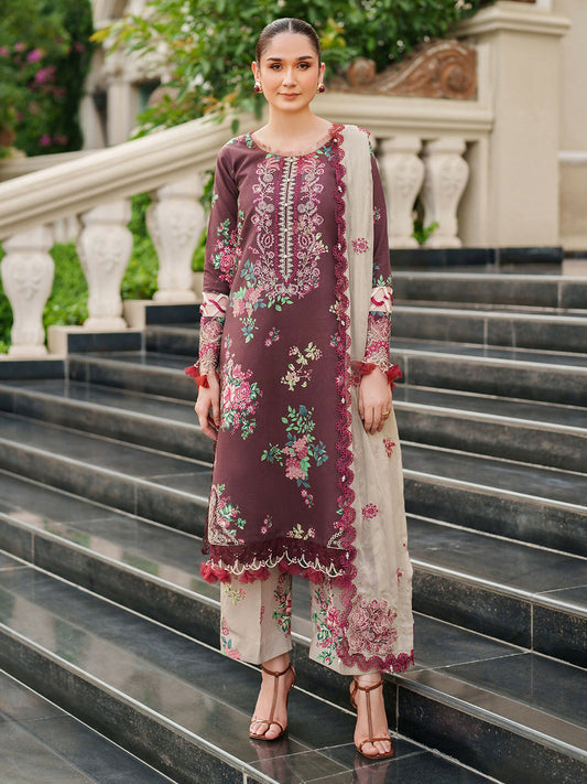 Parishay Ivy Bloom Winter unstitched 3-piece suit with embroidered neckline, front patch, sleeve lace, chiffon dupatta, and viscose trouser.