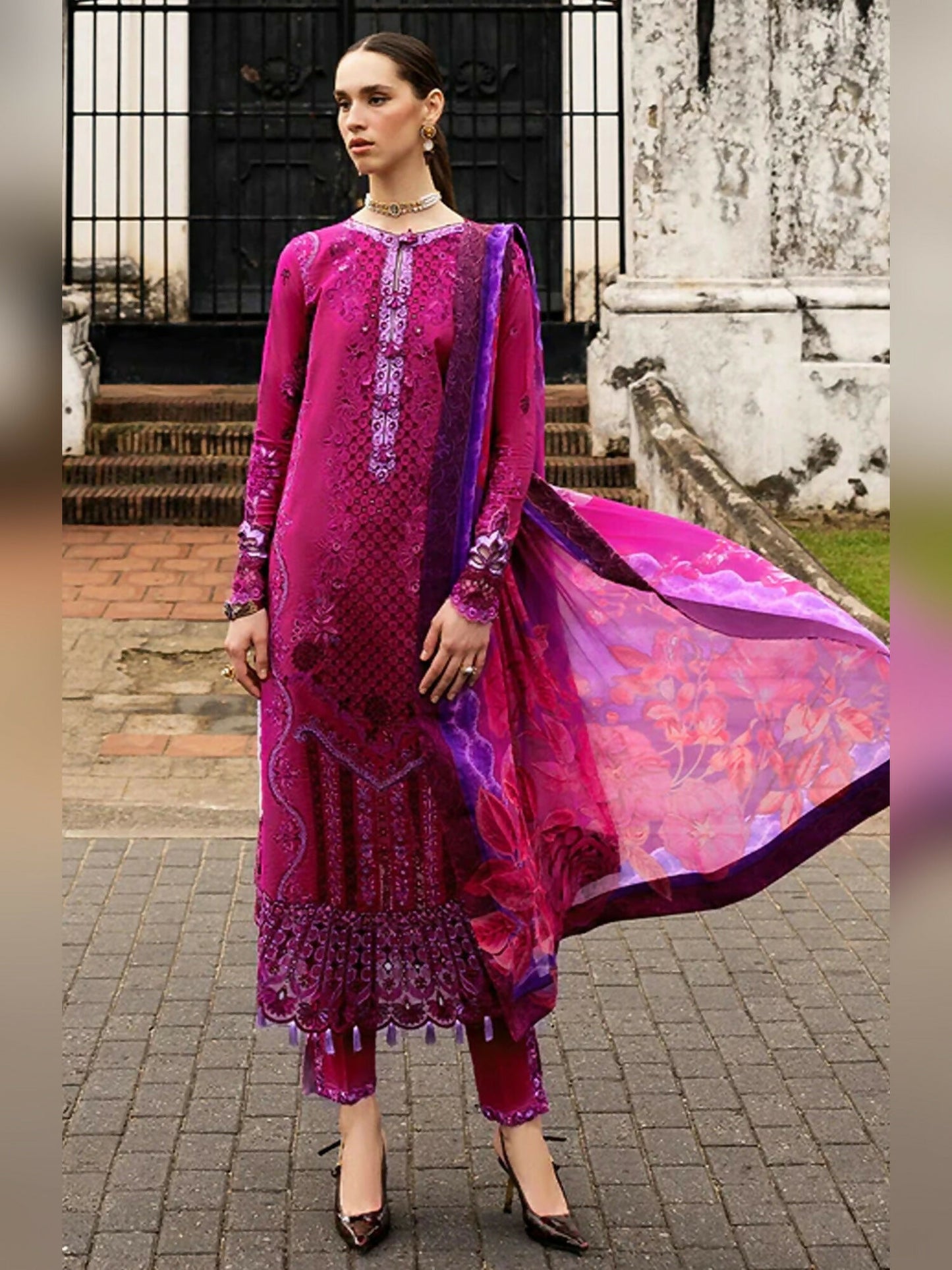 Chikan embroidered lawn outfit with 3D floral neckline, chiffon dupatta, and cotton trousers by Mushq