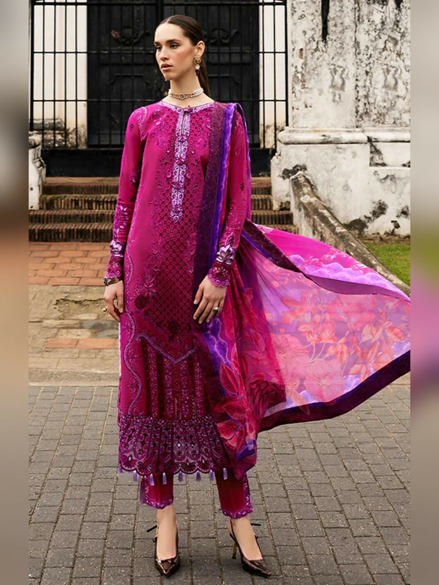 Chikan embroidered lawn outfit with 3D floral neckline, chiffon dupatta, and cotton trousers by Mushq