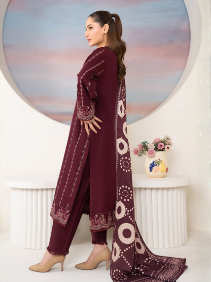 Panache Apparel Winter Basics Linen Embroidered Stitched 3-Piece Suit-Plum Royale