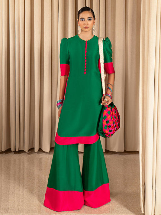 Emerald Green Hussain Rehar Pay Day Volume - II Raw Silk Stitched 2-Peice-LYRE