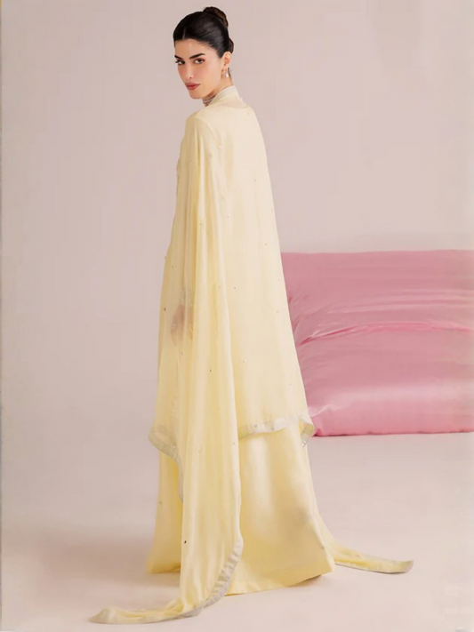 Allure By IH Silver Night Tussel Silk Embroidered Kaftan Set-Lemonade
