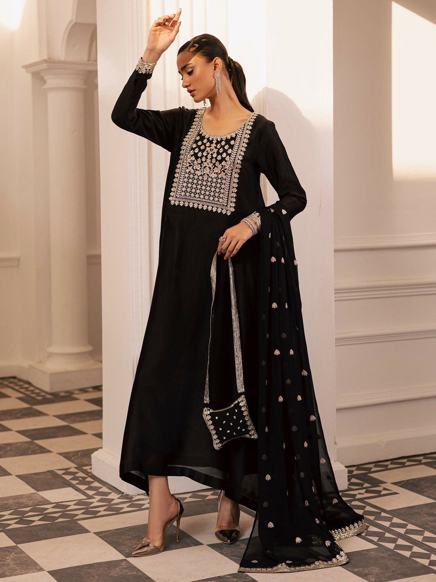 Allure By IH Be-My-Guest Thai Silk Embroidered kaftan Set-Espresso