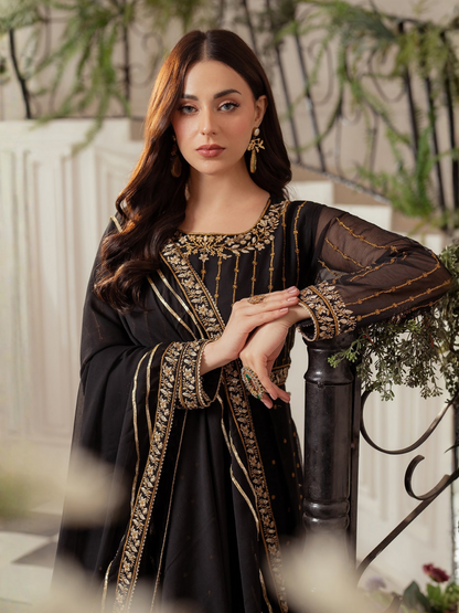 Panache Apparel Chiffon Embroidered Stitched 3-Piece Suit-Nightfall