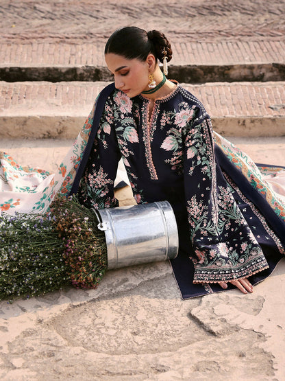 Jugnu By Hussain Rehar Khaddar'25 Embroidered Unstitched 3-Piece Suit-Navi