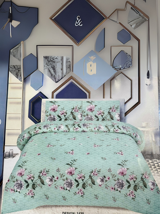 Light green 3-piece printed bedspread set with elegant purple floral design, paired with matching pillow covers.
