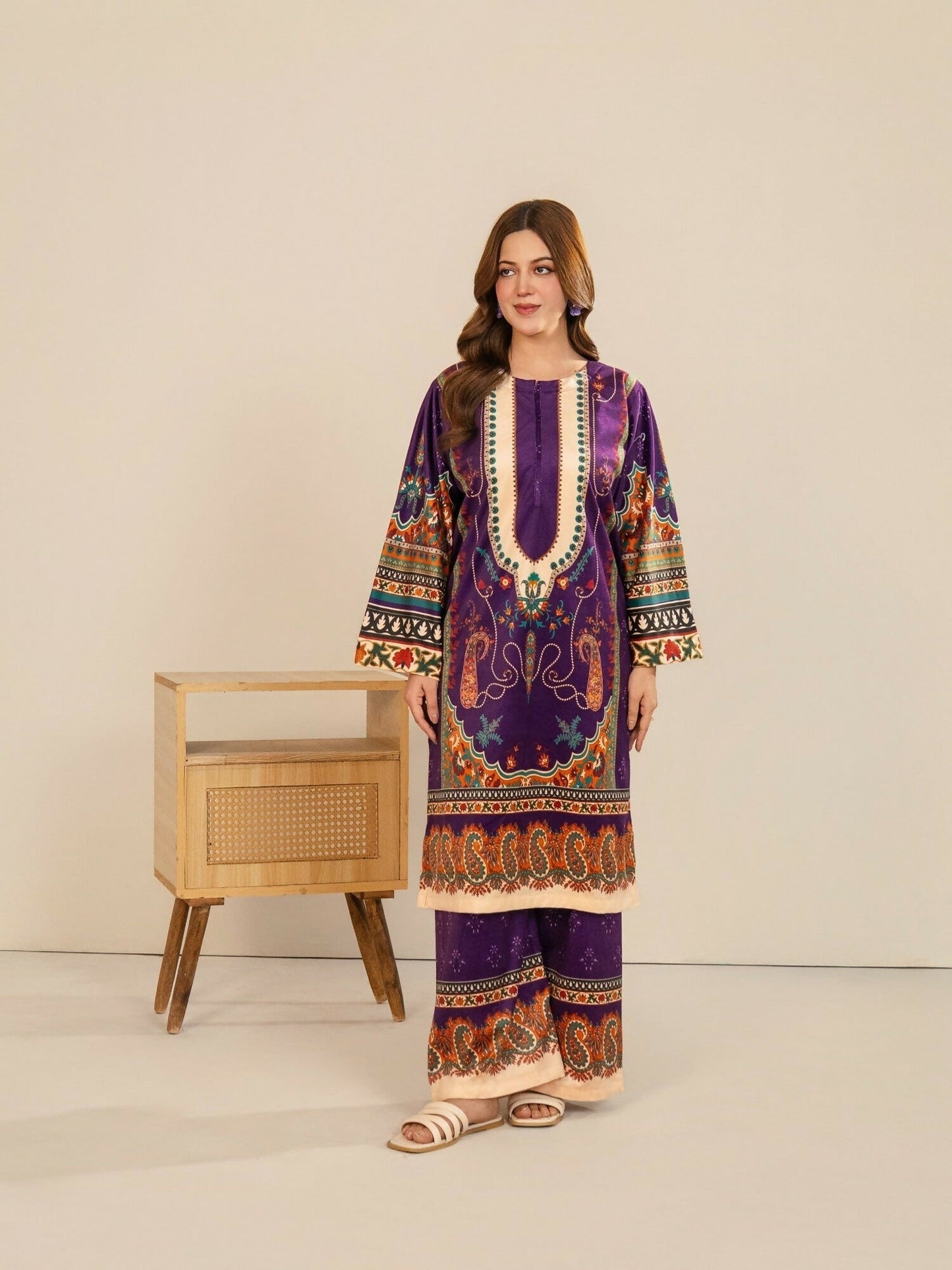 Stylish Collection Velvet Vogue Printed Co-Ord Set-Purple Pretty