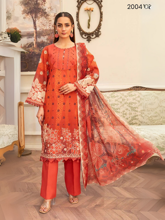 Rust orange unstitched 3-piece lawn suit by Sitara Studio featuring printed shirt with white florals, dyed trouser, and digital printed dupatta