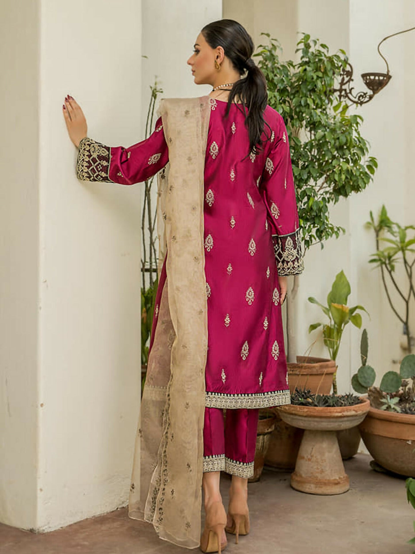 Panache Apparel Chambray Katan Embroidered Stitched 2-Piece Suit-Zaaviay