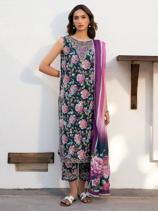 Unstitched teal floral printed lawn suit featuring pink and purple flower patterns, embroidered neckline, and a multishade silk dupatta in purple, pink, and teal tones, paired with a matching printed trouser.