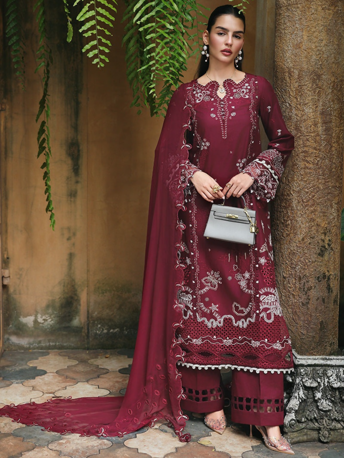 Qalamkar Qline Lawn Drop-1 Embroidered Unstitched 3-Piece Suit-RP-12-Garnet