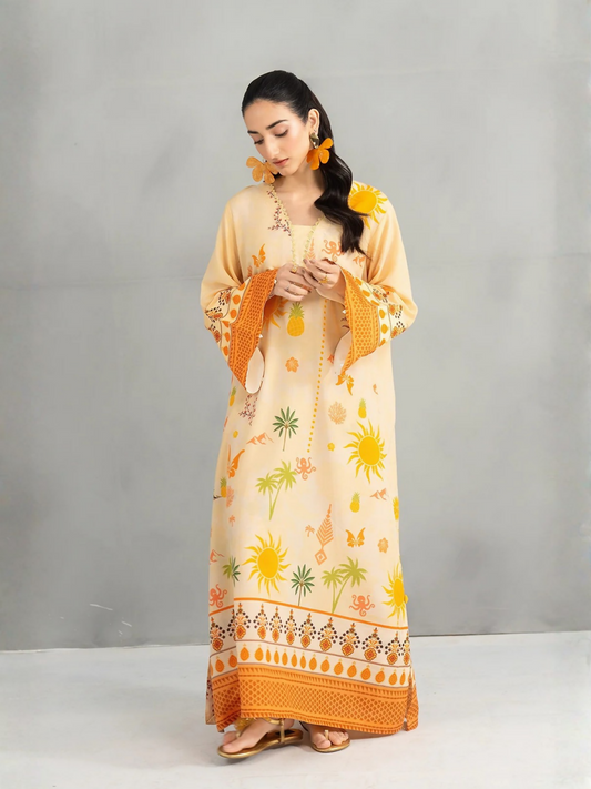 Panache Apparel Dear Summer Silk Lawn Printed Kaftan-Yellow Bloom