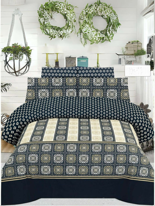 Black comforter set with beige and black design pattern – includes king size comforter, bedsheet, and four pillow covers.