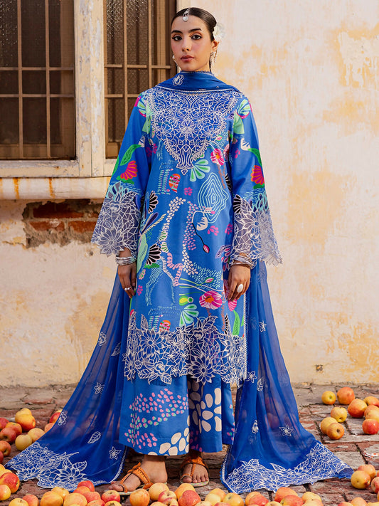 Mahnur Gulzar Viscose – Unstitched 3-Piece Suit with Printed Shirt, Organza Embroidered Neckline, Embroidered Borders, Chiffon Dupatta, and Printed Trouser
