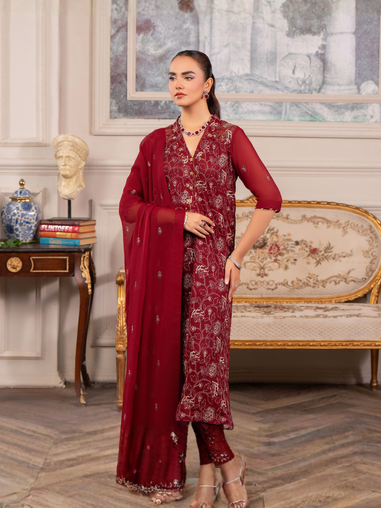 Hemstitch Chiffon Embroidered Stitched 3-Piece Suit-Melina
