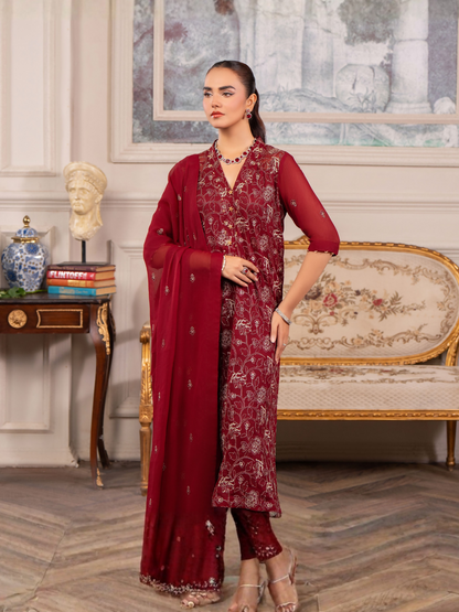 Hemstitch Chiffon Embroidered Stitched 3-Piece Suit-Melina