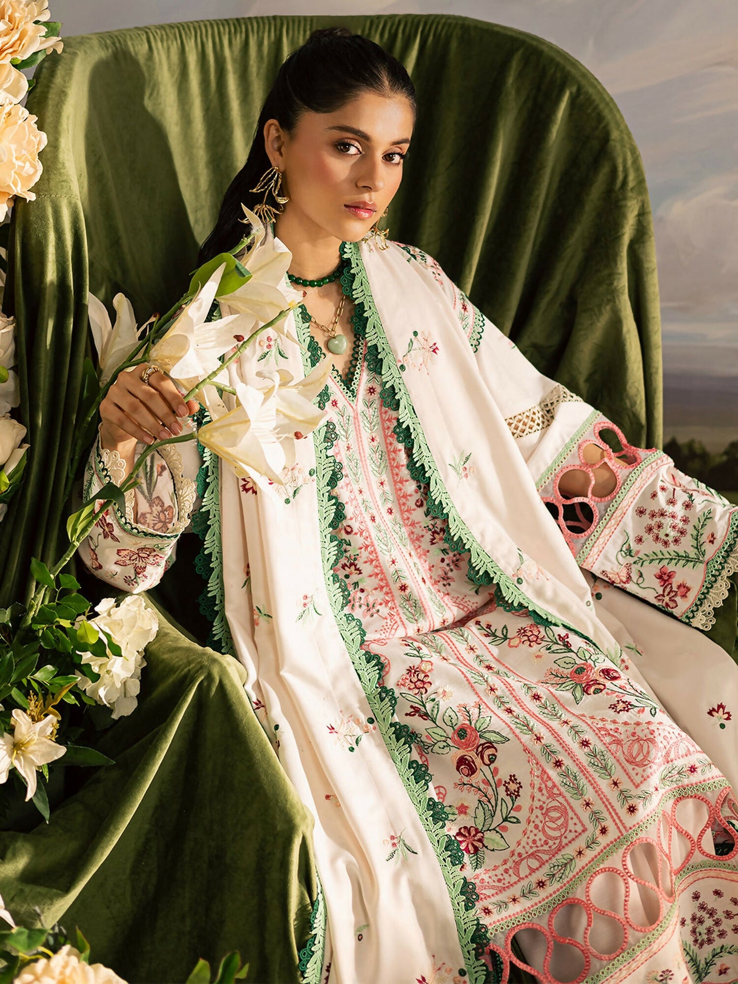 Mahnur Kaia Slub Linen Embroidered Stitched 3-Piece Suit-K- 11