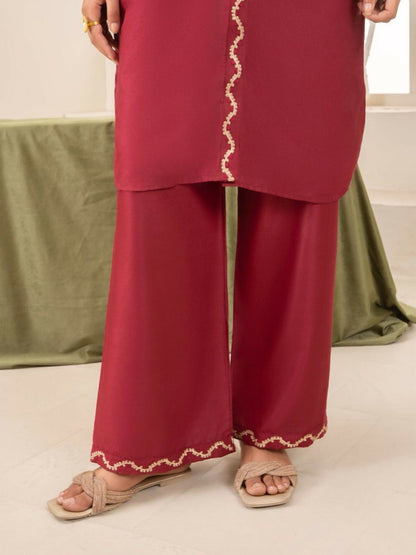 Stylish Collection Aaraish Linen Embroidered Co-Ord Set-Maroon Ringles
