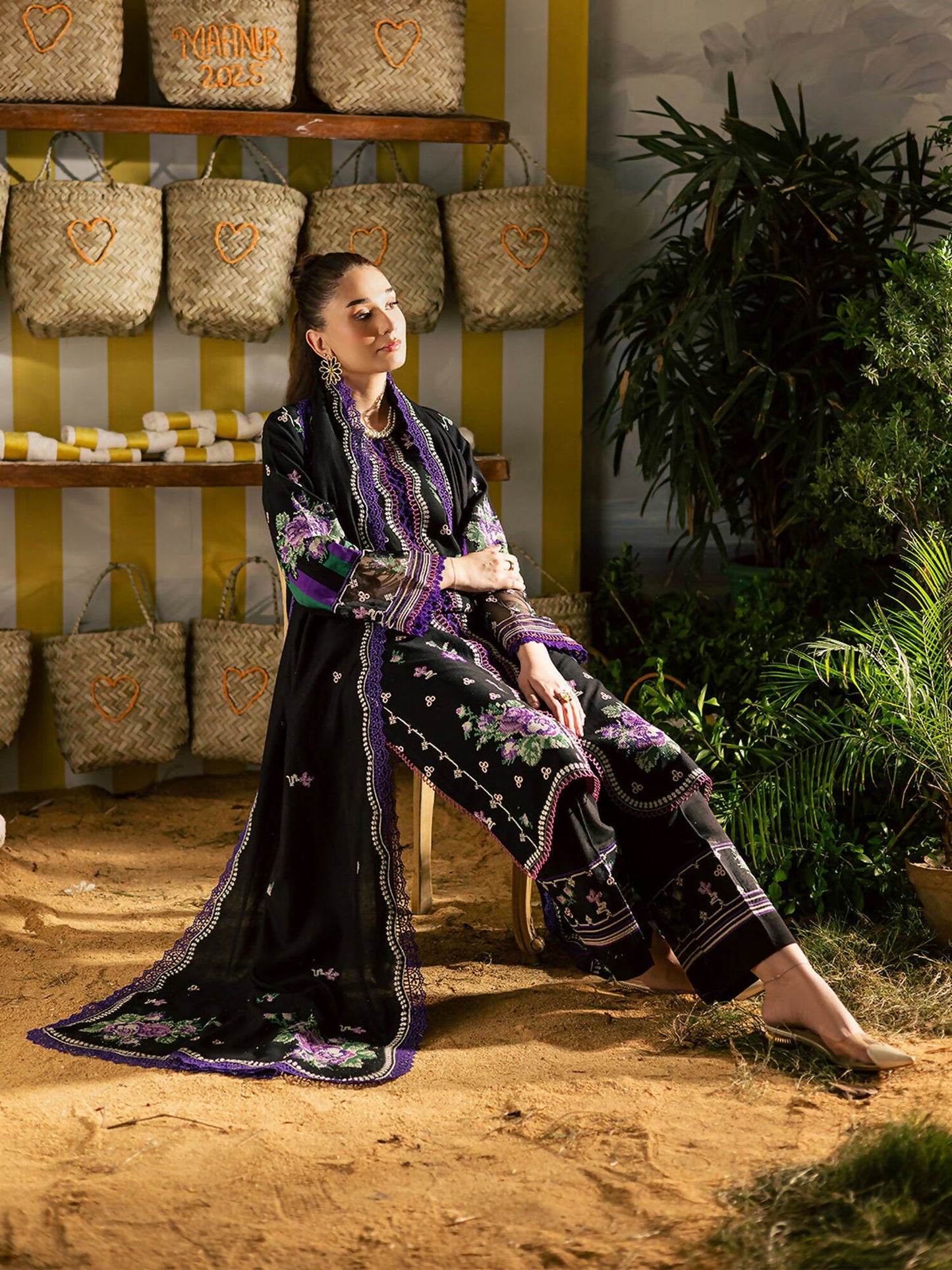 Mahnur Kaia Slub Linen Embroidered Stitched 3-Piece Suit-K- 02