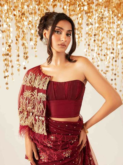 Shiza Hassan Aurora Formals Net Embellished Saree-Magma