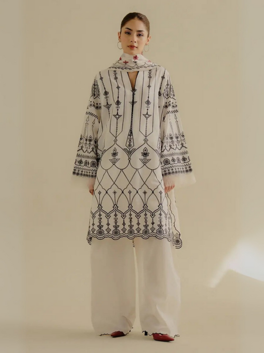 Unstitched 3-piece embroidered suit with fully embroidered lawn shirt, dyed cambric trouser, and embroidered paper cotton dupatta with separate pallu pieces.