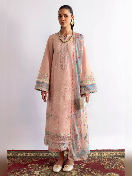 Light Pink Qalamkar Qlinekari Lawn Embroidered Unstitched 3-Piece Suit-DC-11 Hedi