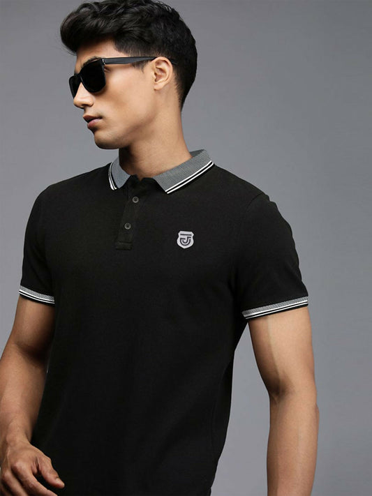 A Jupiter men's polo shirt made from combed cotton pique, featuring a jacquard knit collar and cuffs, front button placket, side vents, and signature appliqué logo on the left chest, ideal for summer casual or semi-formal wear.