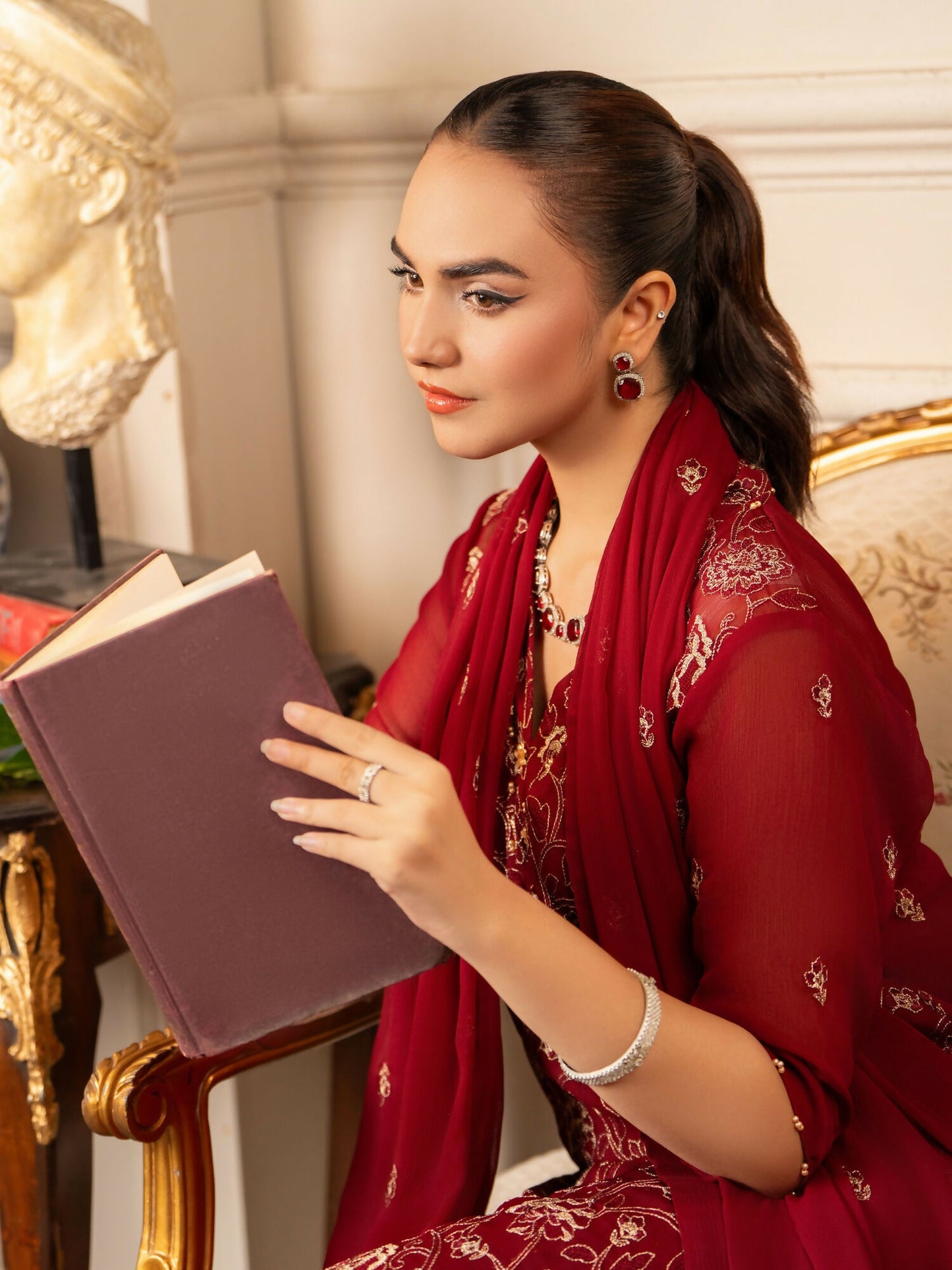 Hemstitch Chiffon Embroidered Stitched 3-Piece Suit-Melina