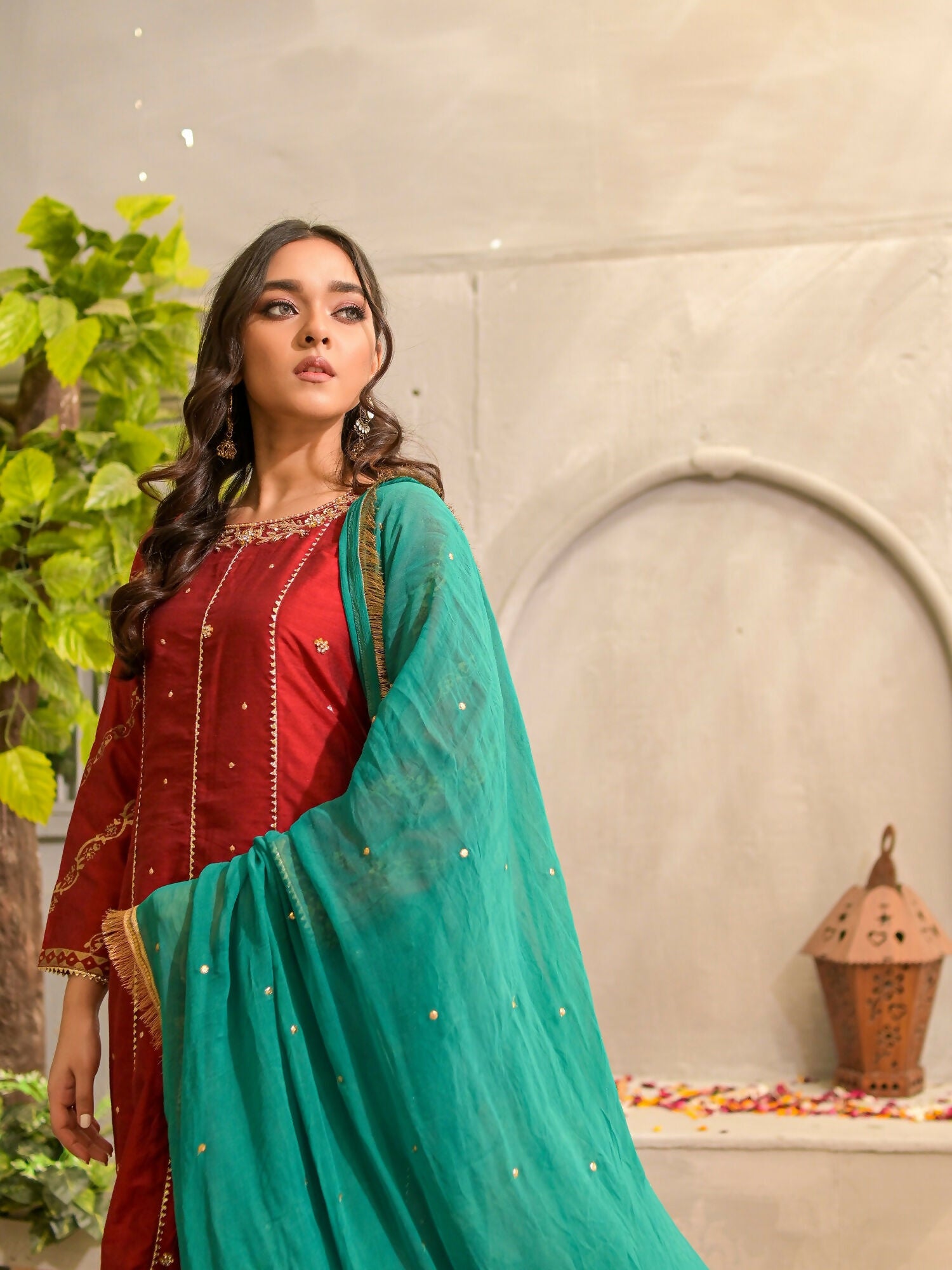 Ruby's Couture Poshak Silk Embellished Stitched 3-Piece Suit-Maharani