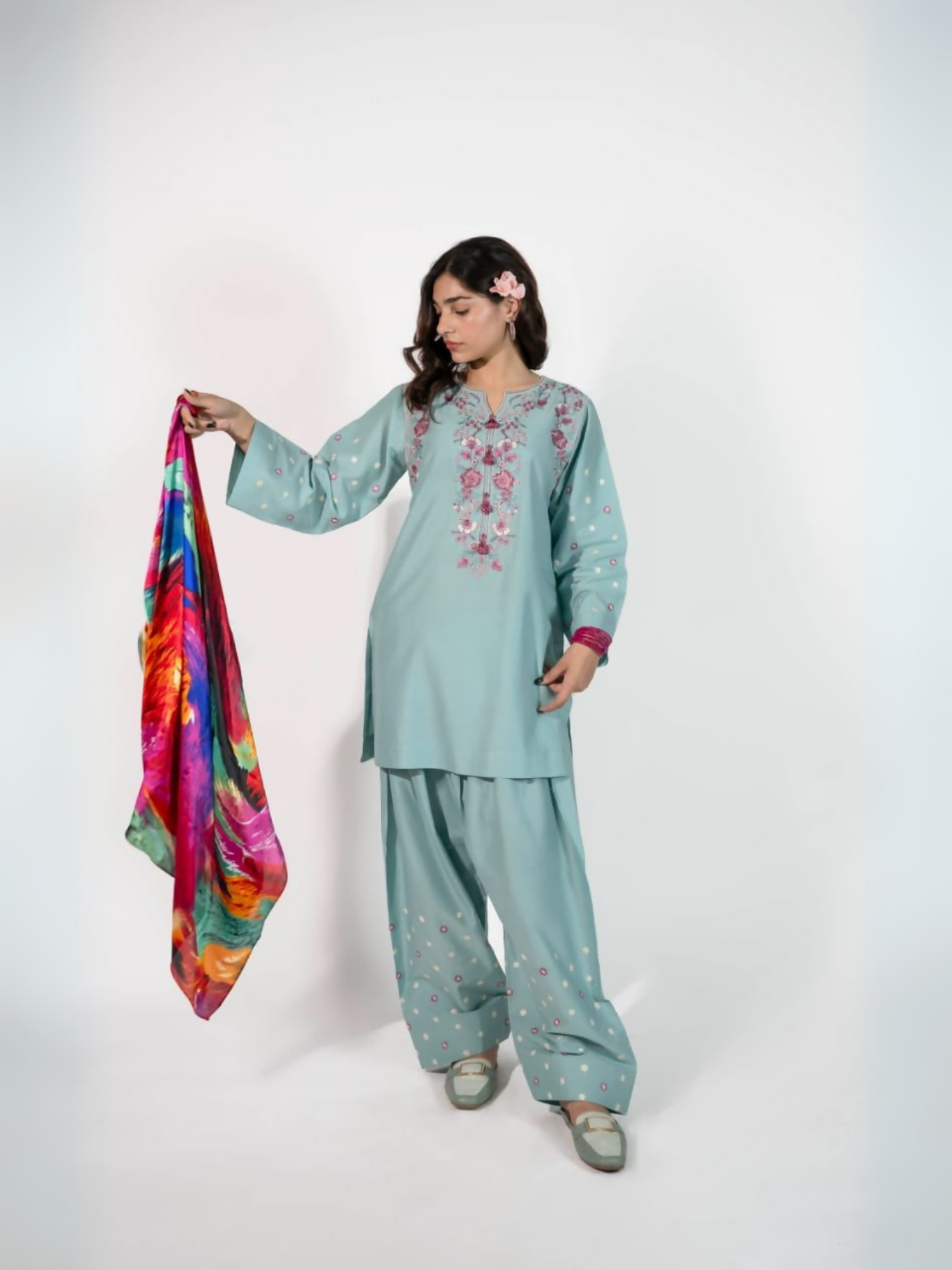 Trends Forever Karam Collection purple lawn stitched 2-piece suit featuring an embroidered shirt and embroidered shalwar for an elegant and polished appearance.