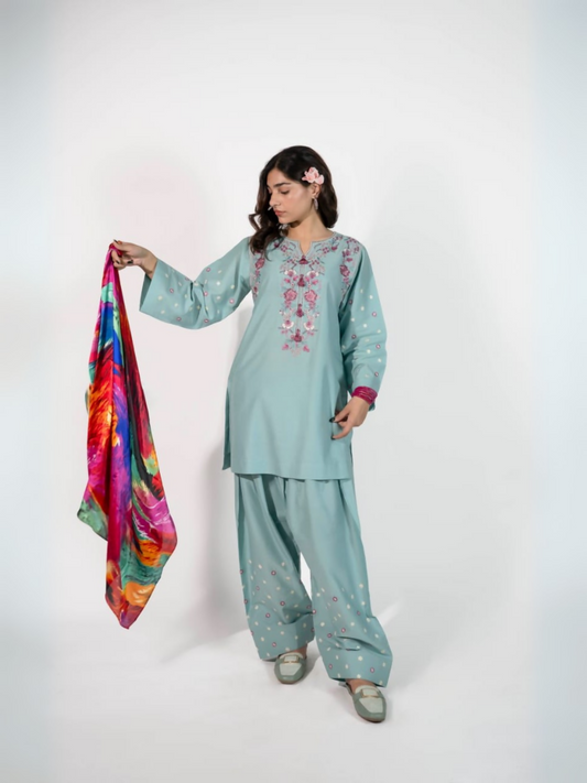 Trends Forever Karam Collection purple lawn stitched 2-piece suit featuring an embroidered shirt and embroidered trouser for an elegant and polished appearance.
